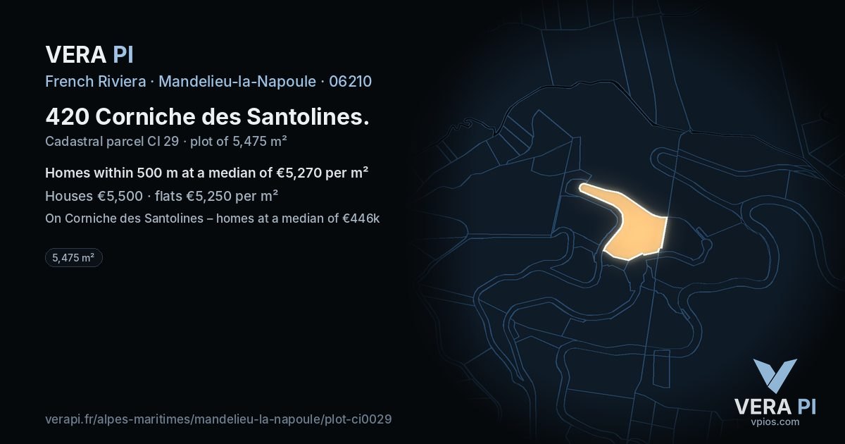 420 Corniche des Santolines, Mandelieu-la-Napoule at night – the plot lit, the parcels around coloured by the prices near them