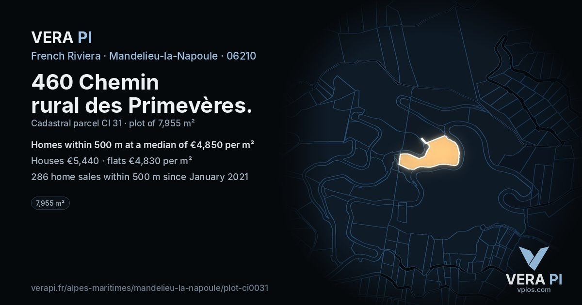 460 Chemin rural des Primevères, Mandelieu-la-Napoule at night – the plot lit, the parcels around coloured by the prices near them