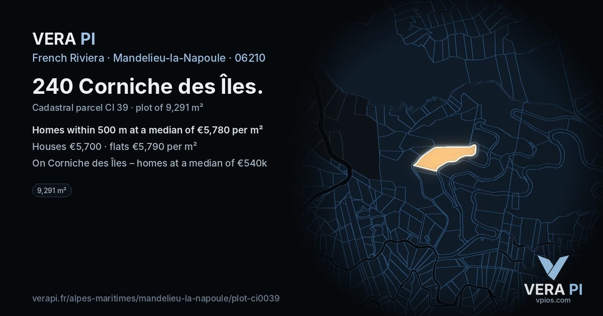 240 Corniche des Îles, Mandelieu-la-Napoule at night – the plot lit, the parcels around coloured by the prices near them