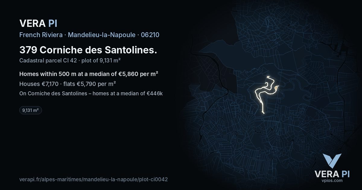 379 Corniche des Santolines, Mandelieu-la-Napoule at night – the plot lit, the parcels around coloured by the prices near them