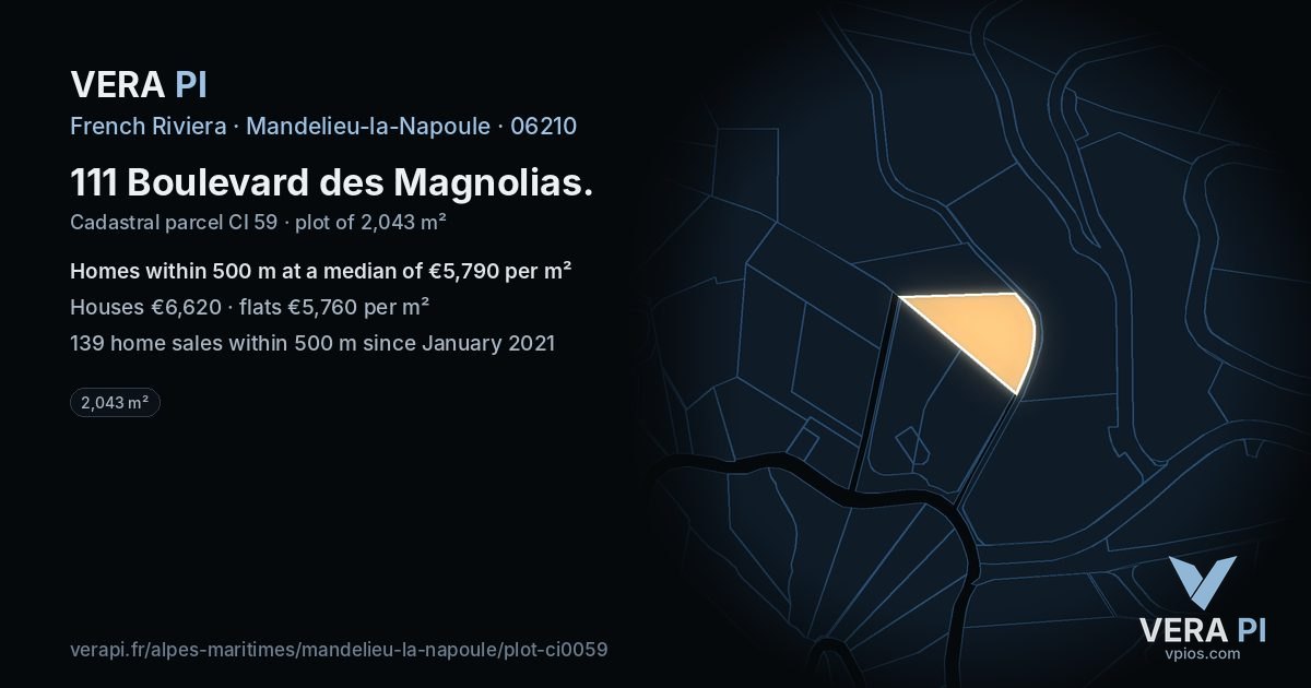 111 Boulevard des Magnolias, Mandelieu-la-Napoule at night – the plot lit, the parcels around coloured by the prices near them