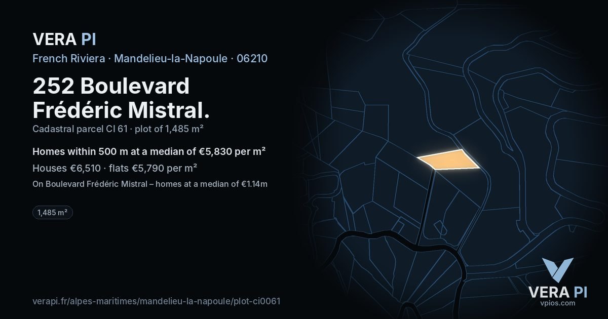 252 Boulevard Frédéric Mistral, Mandelieu-la-Napoule at night – the plot lit, the parcels around coloured by the prices near them