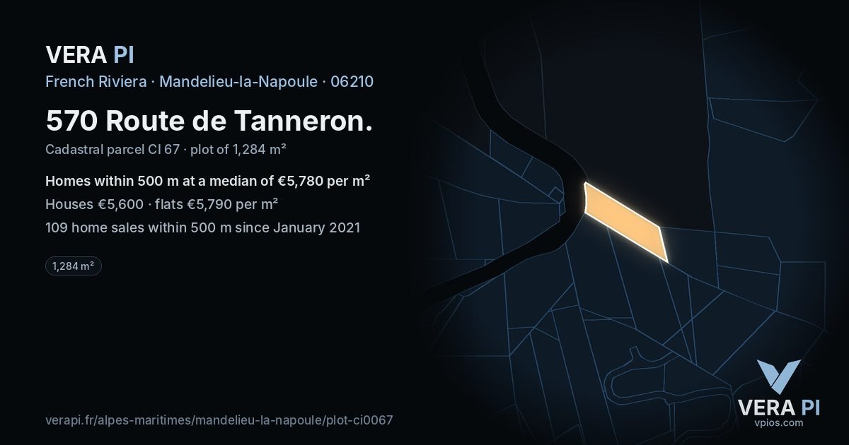 570 Route de Tanneron, Mandelieu-la-Napoule at night – the plot lit, the parcels around coloured by the prices near them