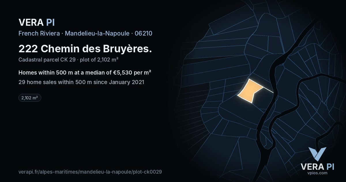 222 Chemin des Bruyères, Mandelieu-la-Napoule at night – the plot lit, the parcels around coloured by the prices near them