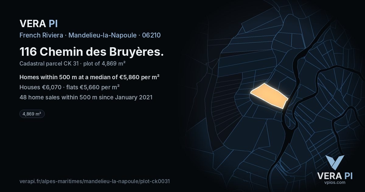 116 Chemin des Bruyères, Mandelieu-la-Napoule at night – the plot lit, the parcels around coloured by the prices near them