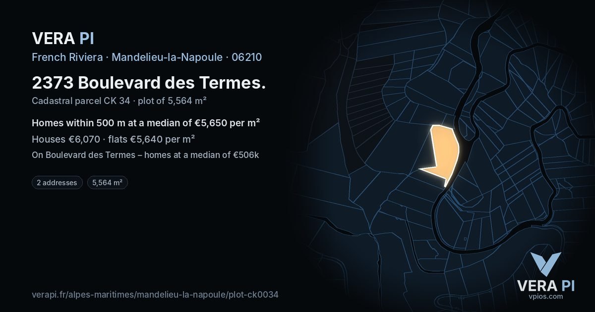 2373 Boulevard des Termes, Mandelieu-la-Napoule at night – the plot lit, the parcels around coloured by the prices near them