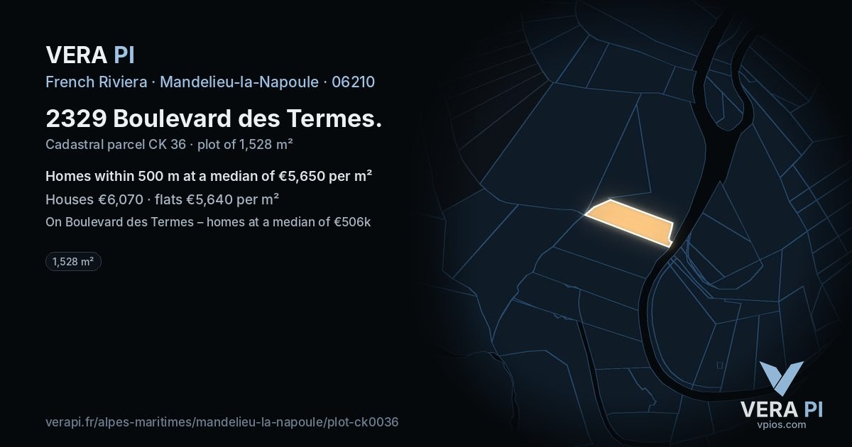 2329 Boulevard des Termes, Mandelieu-la-Napoule at night – the plot lit, the parcels around coloured by the prices near them