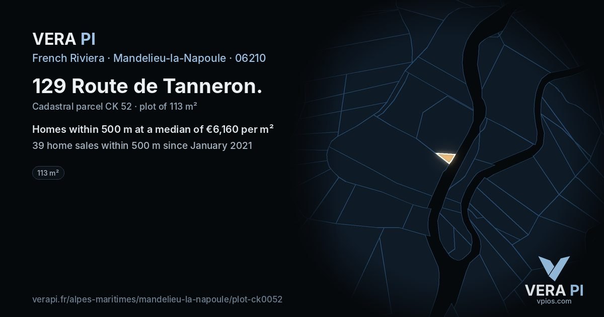 129 Route de Tanneron, Mandelieu-la-Napoule at night – the plot lit, the parcels around coloured by the prices near them