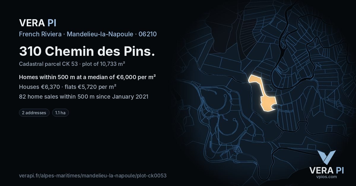 310 Chemin des Pins, Mandelieu-la-Napoule at night – the plot lit, the parcels around coloured by the prices near them