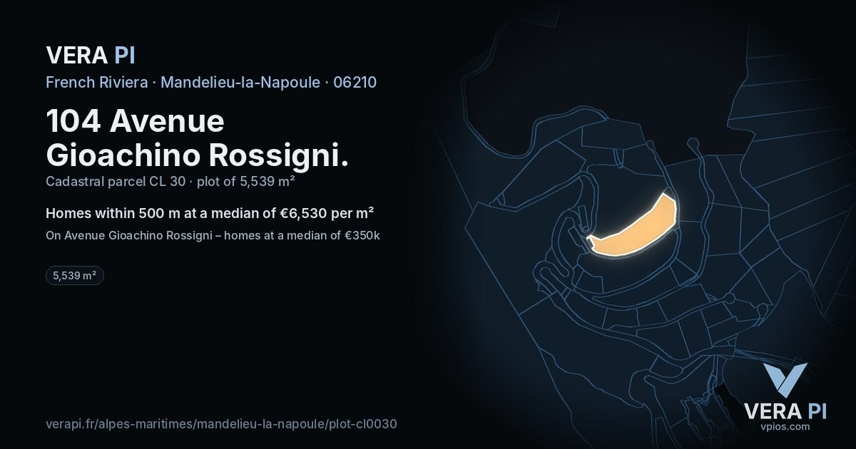 104 Avenue Gioachino Rossigni, Mandelieu-la-Napoule at night – the plot lit, the parcels around coloured by the prices near them