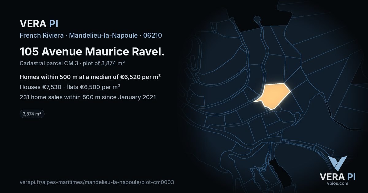 105 Avenue Maurice Ravel, Mandelieu-la-Napoule at night – the plot lit, the parcels around coloured by the prices near them