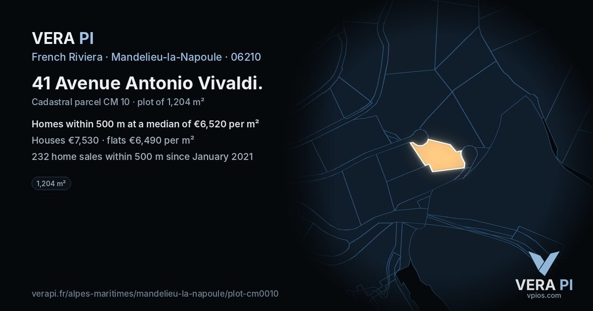 41 Avenue Antonio Vivaldi, Mandelieu-la-Napoule at night – the plot lit, the parcels around coloured by the prices near them