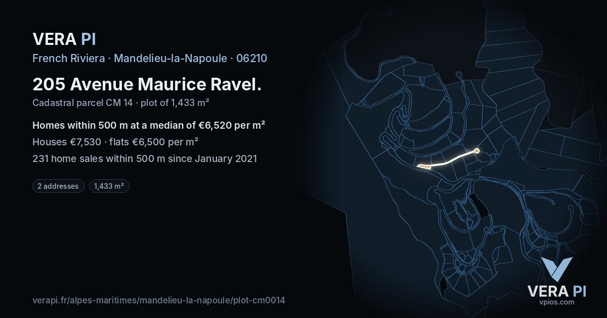 205 Avenue Maurice Ravel, Mandelieu-la-Napoule at night – the plot lit, the parcels around coloured by the prices near them