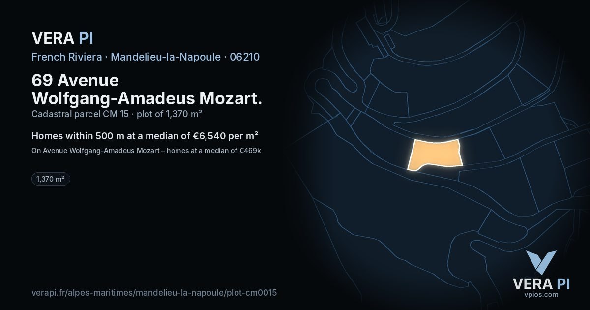 69 Avenue Wolfgang-Amadeus Mozart, Mandelieu-la-Napoule at night – the plot lit, the parcels around coloured by the prices near them