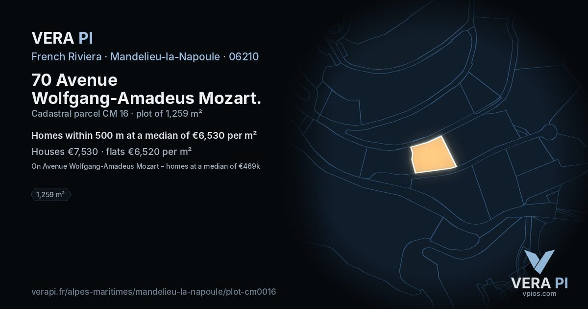 70 Avenue Wolfgang-Amadeus Mozart, Mandelieu-la-Napoule at night – the plot lit, the parcels around coloured by the prices near them