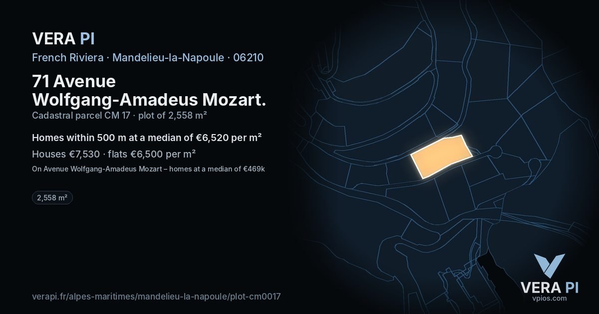 71 Avenue Wolfgang-Amadeus Mozart, Mandelieu-la-Napoule at night – the plot lit, the parcels around coloured by the prices near them
