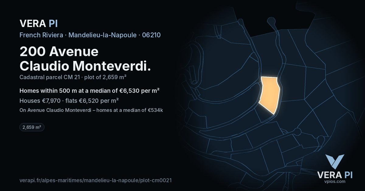 200 Avenue Claudio Monteverdi, Mandelieu-la-Napoule at night – the plot lit, the parcels around coloured by the prices near them