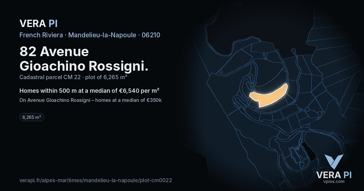 82 Avenue Gioachino Rossigni, Mandelieu-la-Napoule at night – the plot lit, the parcels around coloured by the prices near them