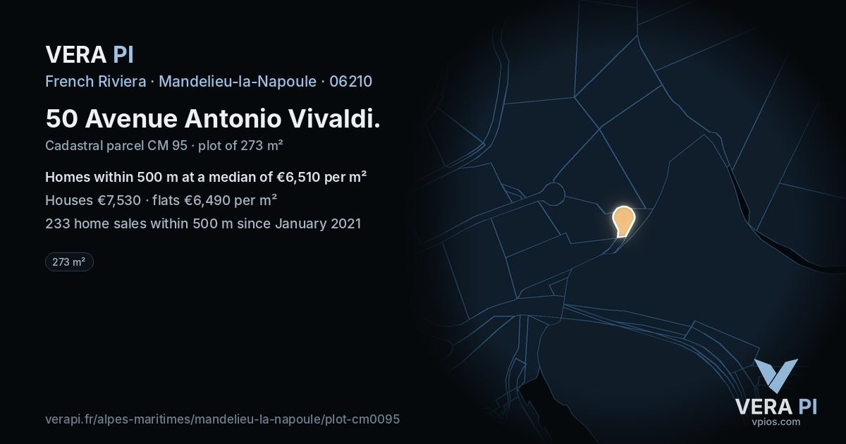 50 Avenue Antonio Vivaldi, Mandelieu-la-Napoule at night – the plot lit, the parcels around coloured by the prices near them