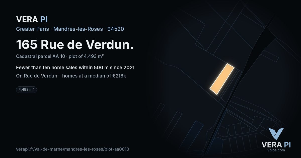 165 Rue de Verdun, Mandres-les-Roses at night – the plot lit, the parcels around coloured by the prices near them