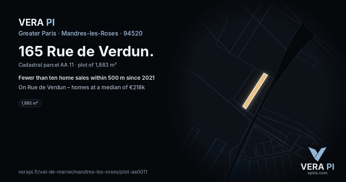 165 Rue de Verdun, Mandres-les-Roses at night – the plot lit, the parcels around coloured by the prices near them
