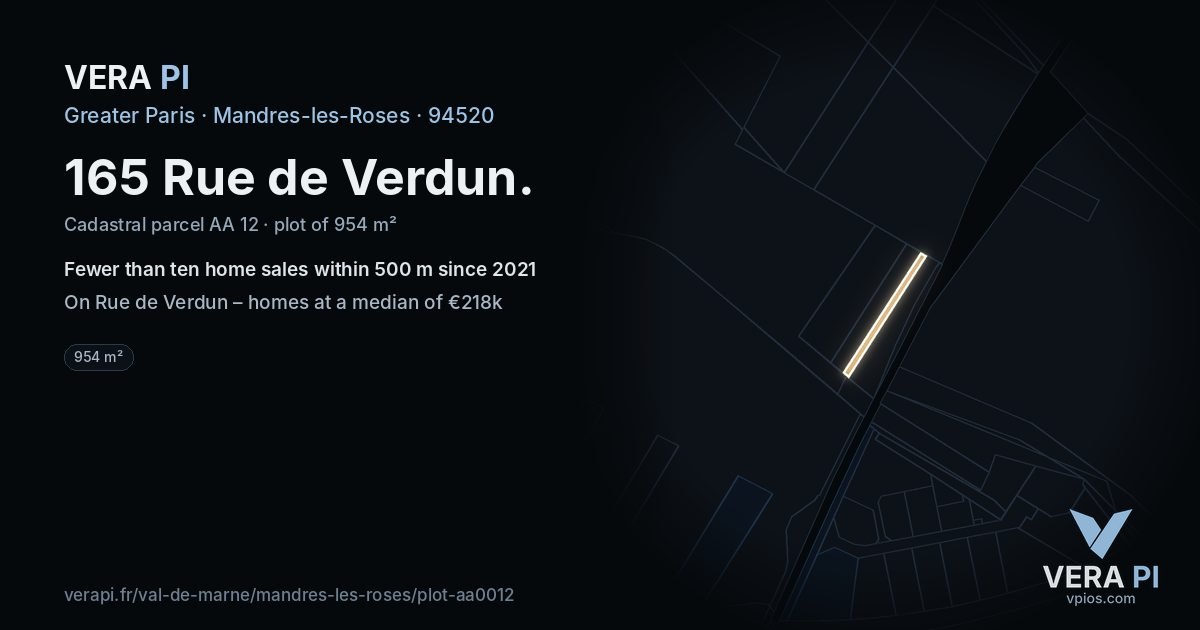 165 Rue de Verdun, Mandres-les-Roses at night – the plot lit, the parcels around coloured by the prices near them