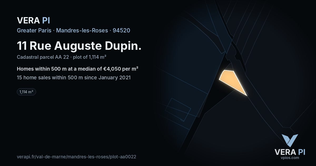 11 Rue Auguste Dupin, Mandres-les-Roses at night – the plot lit, the parcels around coloured by the prices near them