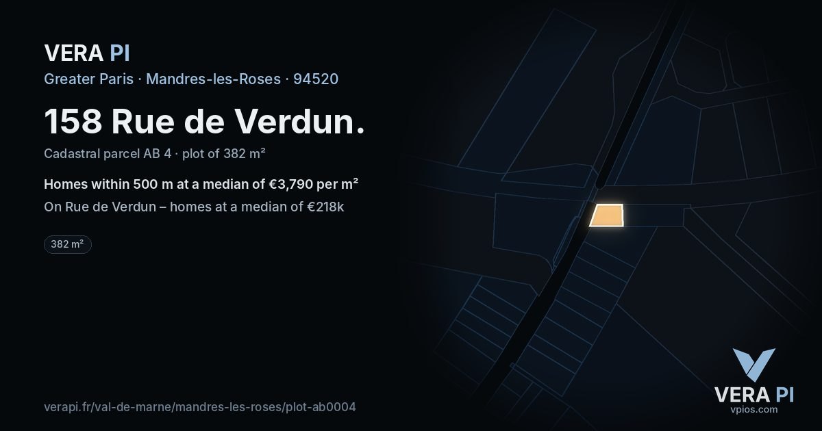 158 Rue de Verdun, Mandres-les-Roses at night – the plot lit, the parcels around coloured by the prices near them