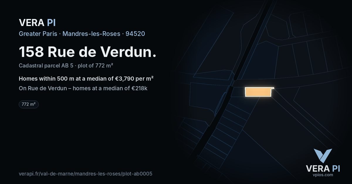 158 Rue de Verdun, Mandres-les-Roses at night – the plot lit, the parcels around coloured by the prices near them