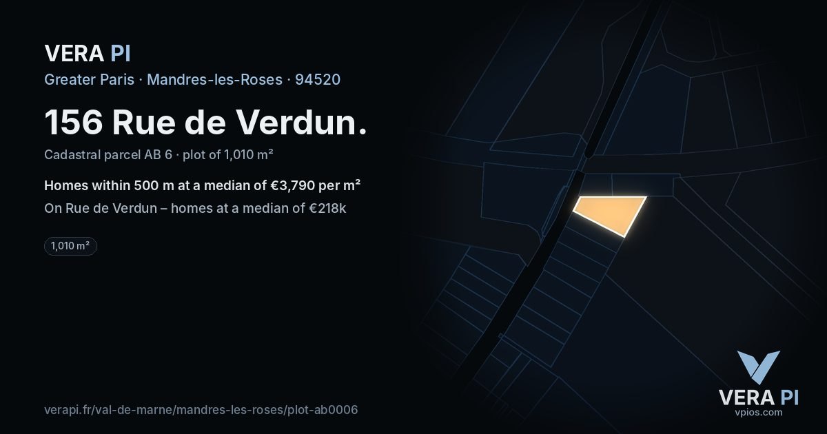 156 Rue de Verdun, Mandres-les-Roses at night – the plot lit, the parcels around coloured by the prices near them