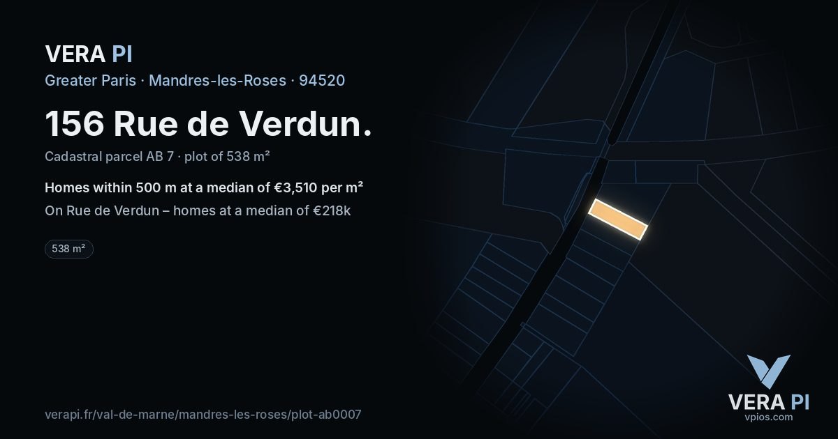 156 Rue de Verdun, Mandres-les-Roses at night – the plot lit, the parcels around coloured by the prices near them