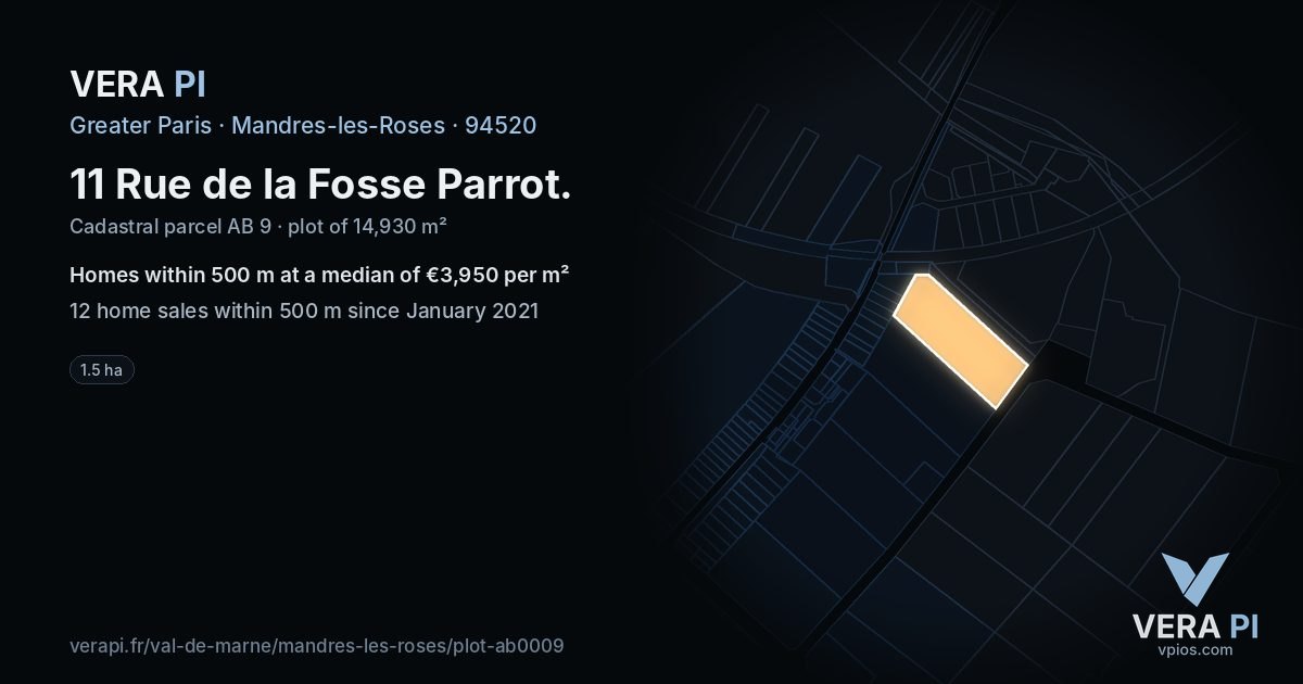 11 Rue de la Fosse Parrot, Mandres-les-Roses at night – the plot lit, the parcels around coloured by the prices near them