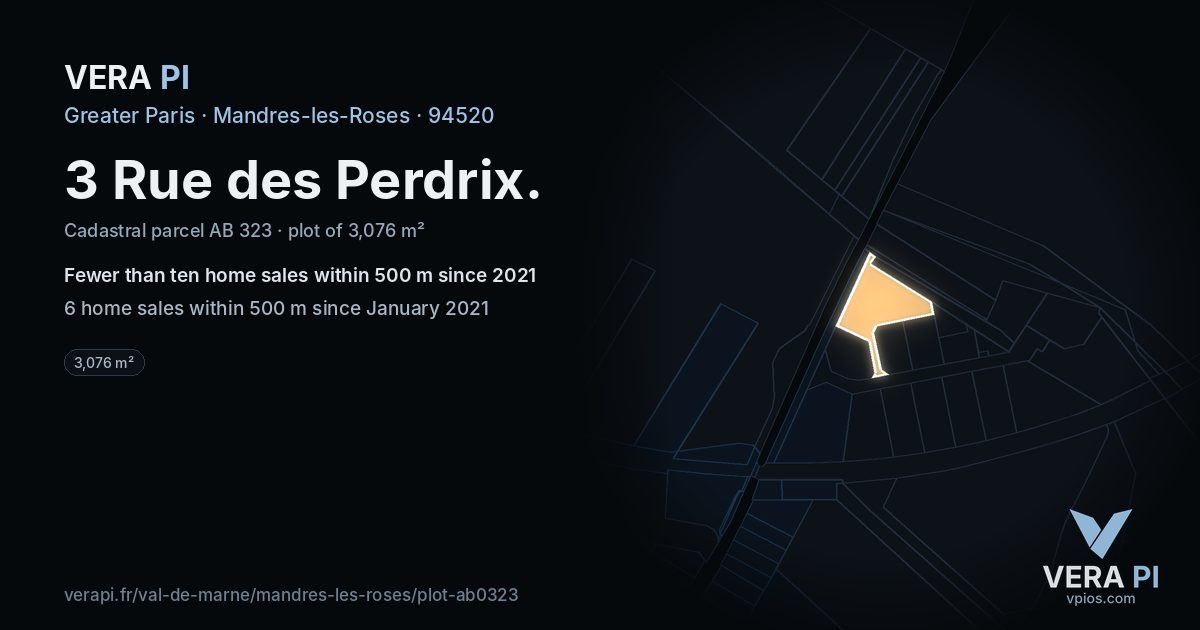 3 Rue des Perdrix, Mandres-les-Roses at night – the plot lit, the parcels around coloured by the prices near them