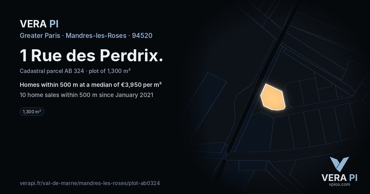 1 Rue des Perdrix, Mandres-les-Roses at night – the plot lit, the parcels around coloured by the prices near them