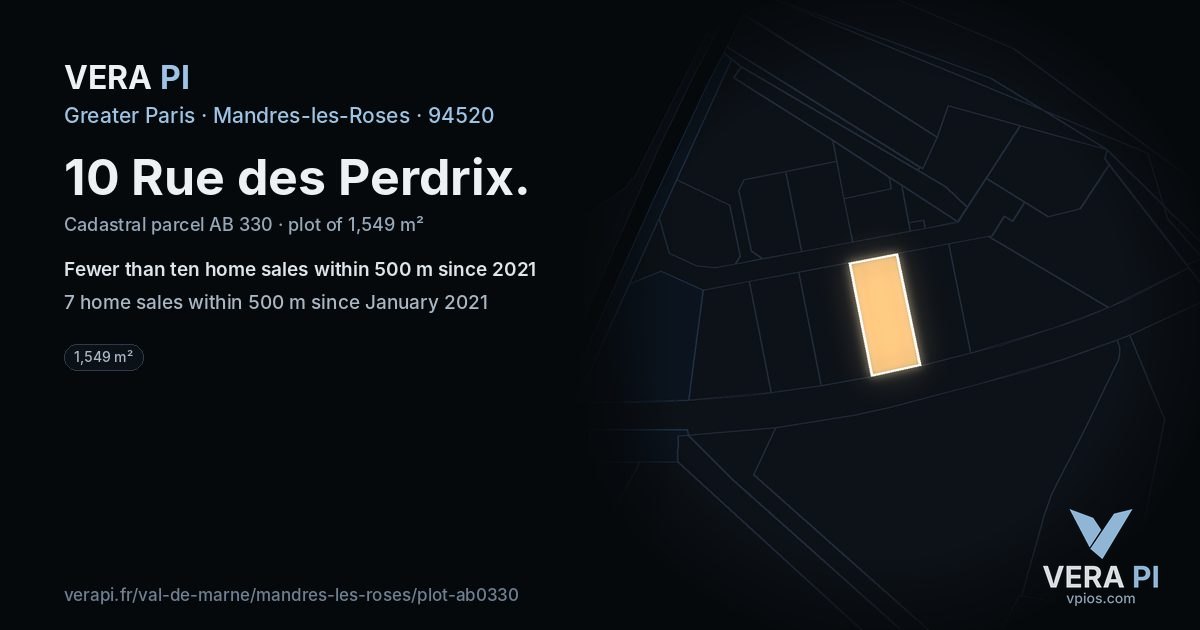 10 Rue des Perdrix, Mandres-les-Roses at night – the plot lit, the parcels around coloured by the prices near them