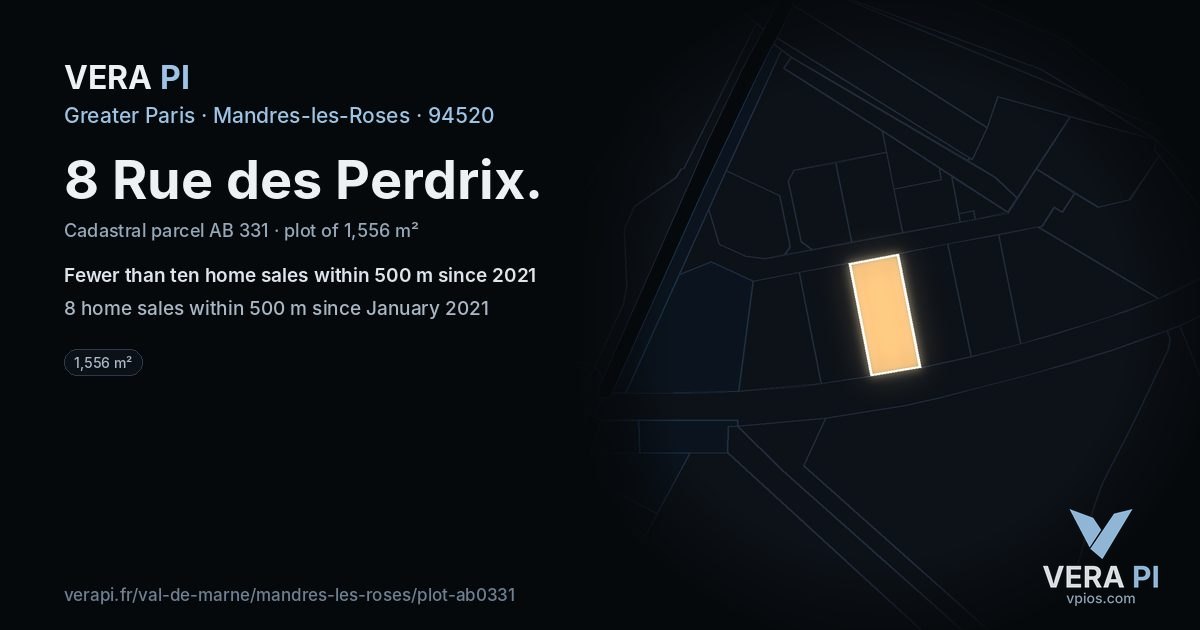 8 Rue des Perdrix, Mandres-les-Roses at night – the plot lit, the parcels around coloured by the prices near them