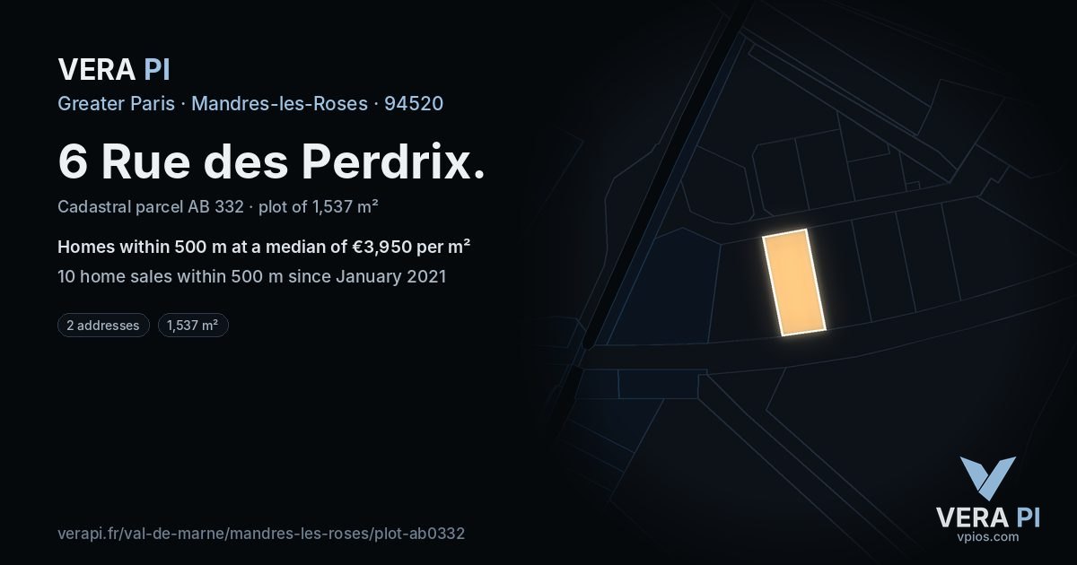 6 Rue des Perdrix, Mandres-les-Roses at night – the plot lit, the parcels around coloured by the prices near them