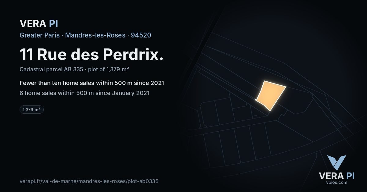 11 Rue des Perdrix, Mandres-les-Roses at night – the plot lit, the parcels around coloured by the prices near them