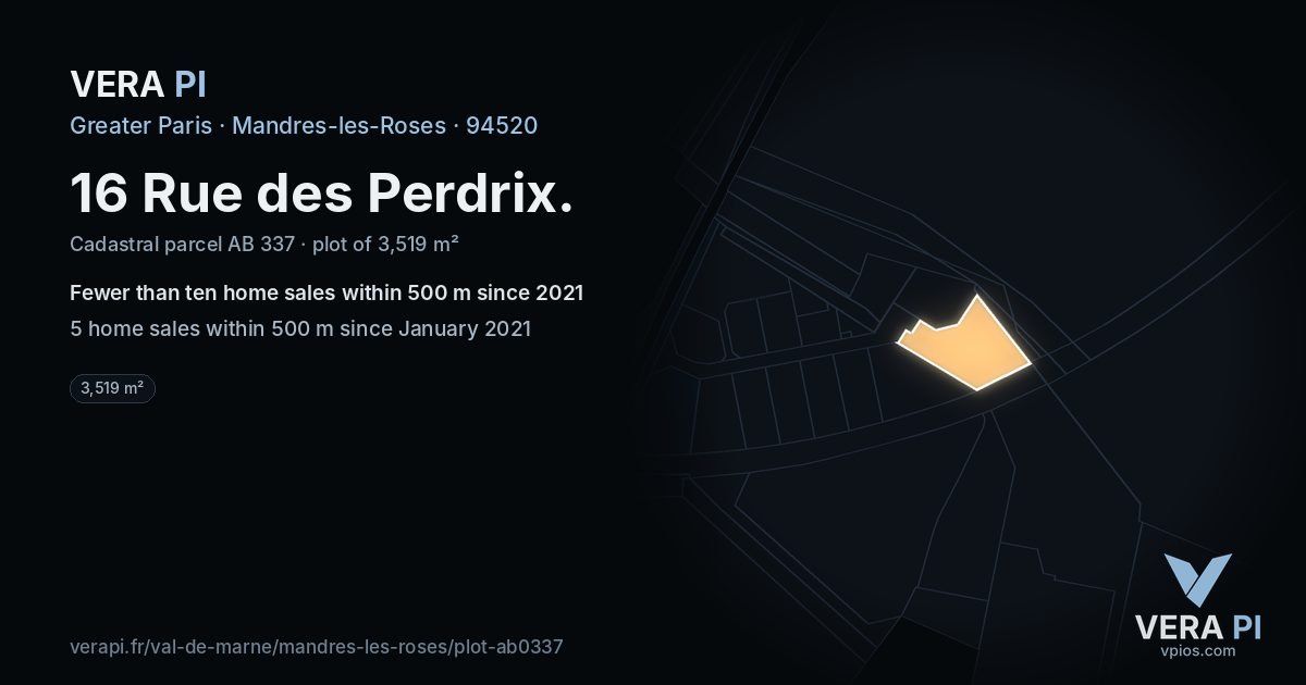 16 Rue des Perdrix, Mandres-les-Roses at night – the plot lit, the parcels around coloured by the prices near them
