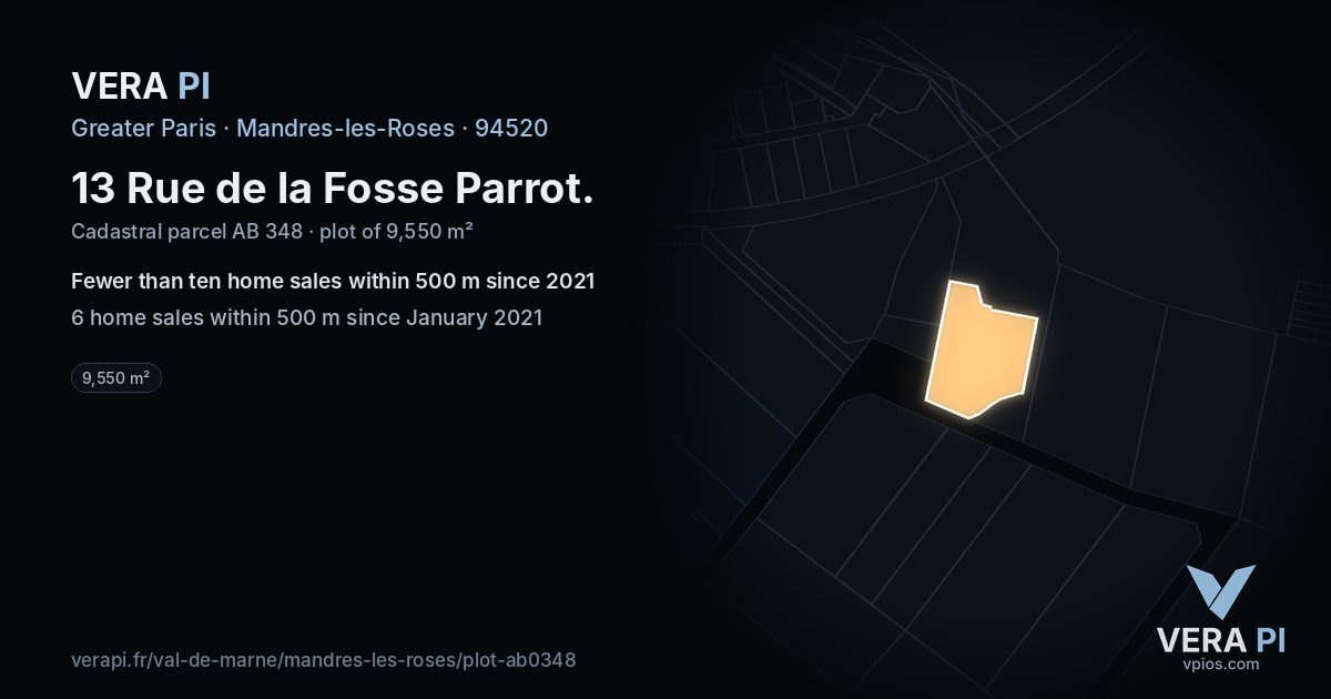 13 Rue de la Fosse Parrot, Mandres-les-Roses at night – the plot lit, the parcels around coloured by the prices near them