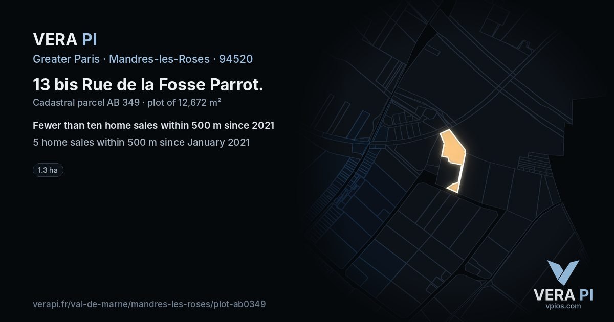 13 bis Rue de la Fosse Parrot, Mandres-les-Roses at night – the plot lit, the parcels around coloured by the prices near them