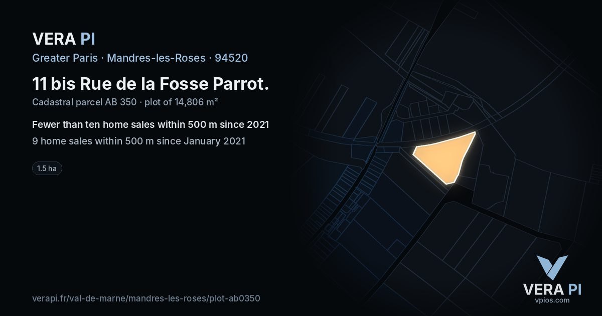 11 bis Rue de la Fosse Parrot, Mandres-les-Roses at night – the plot lit, the parcels around coloured by the prices near them
