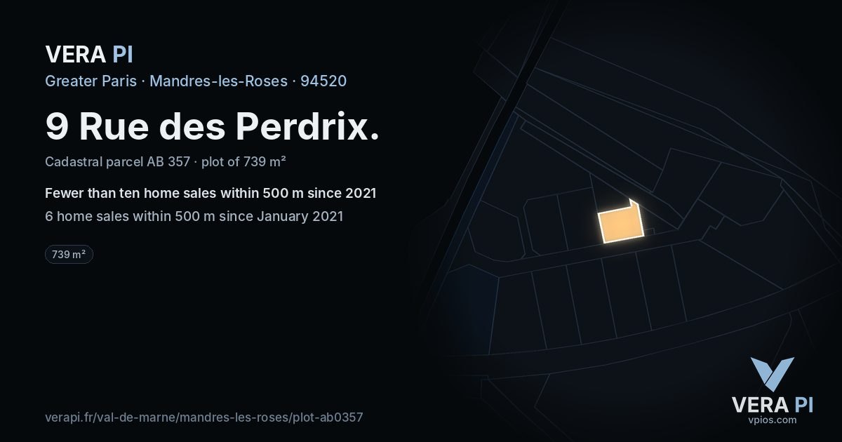 9 Rue des Perdrix, Mandres-les-Roses at night – the plot lit, the parcels around coloured by the prices near them