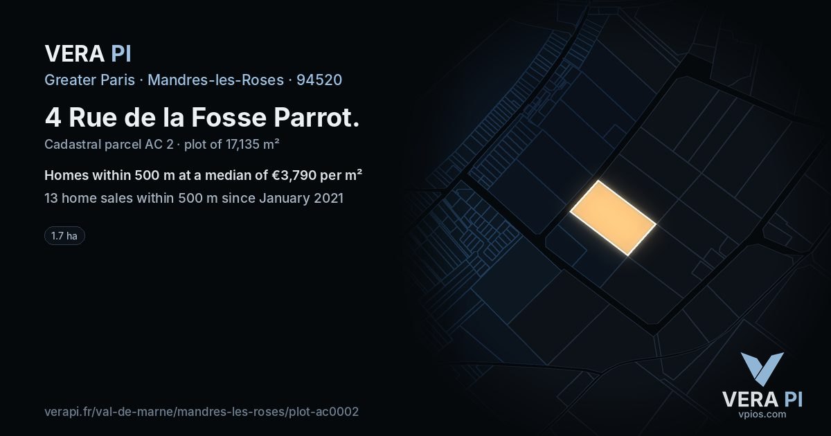 4 Rue de la Fosse Parrot, Mandres-les-Roses at night – the plot lit, the parcels around coloured by the prices near them
