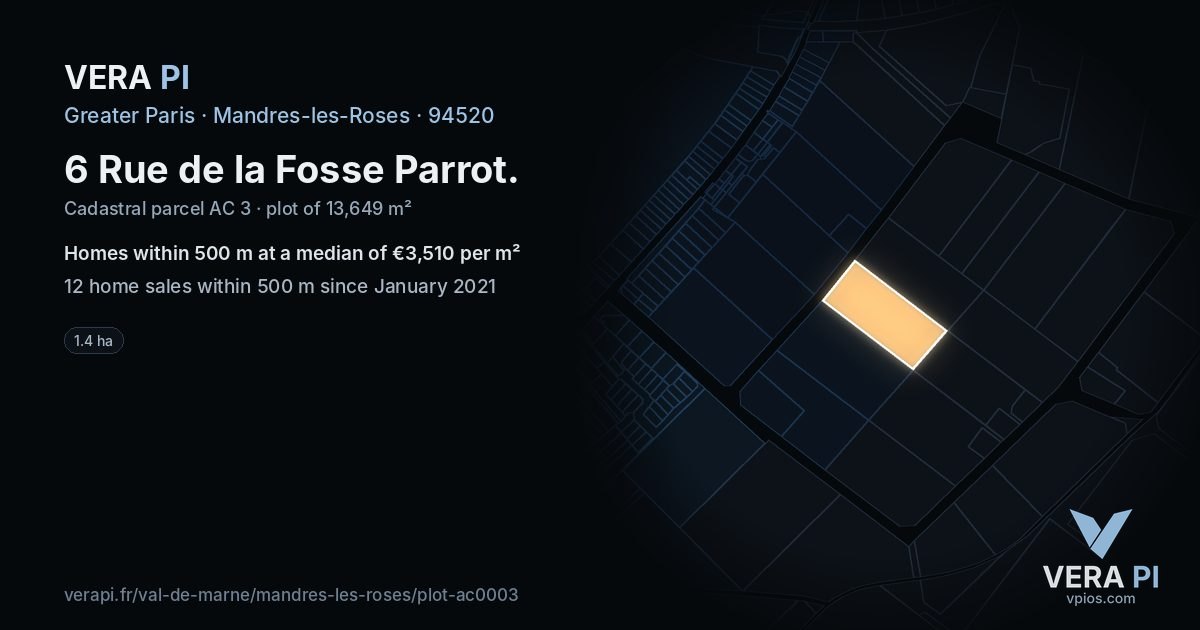 6 Rue de la Fosse Parrot, Mandres-les-Roses at night – the plot lit, the parcels around coloured by the prices near them