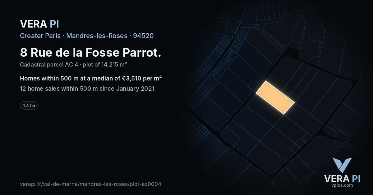 8 Rue de la Fosse Parrot, Mandres-les-Roses at night – the plot lit, the parcels around coloured by the prices near them