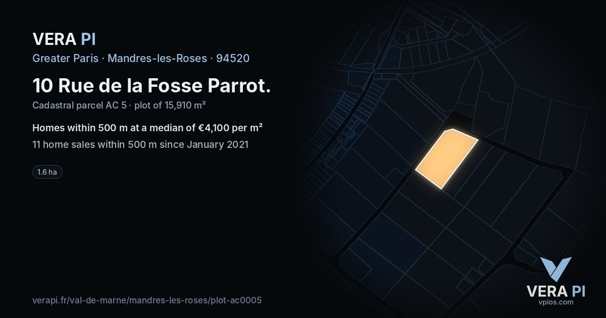 10 Rue de la Fosse Parrot, Mandres-les-Roses at night – the plot lit, the parcels around coloured by the prices near them
