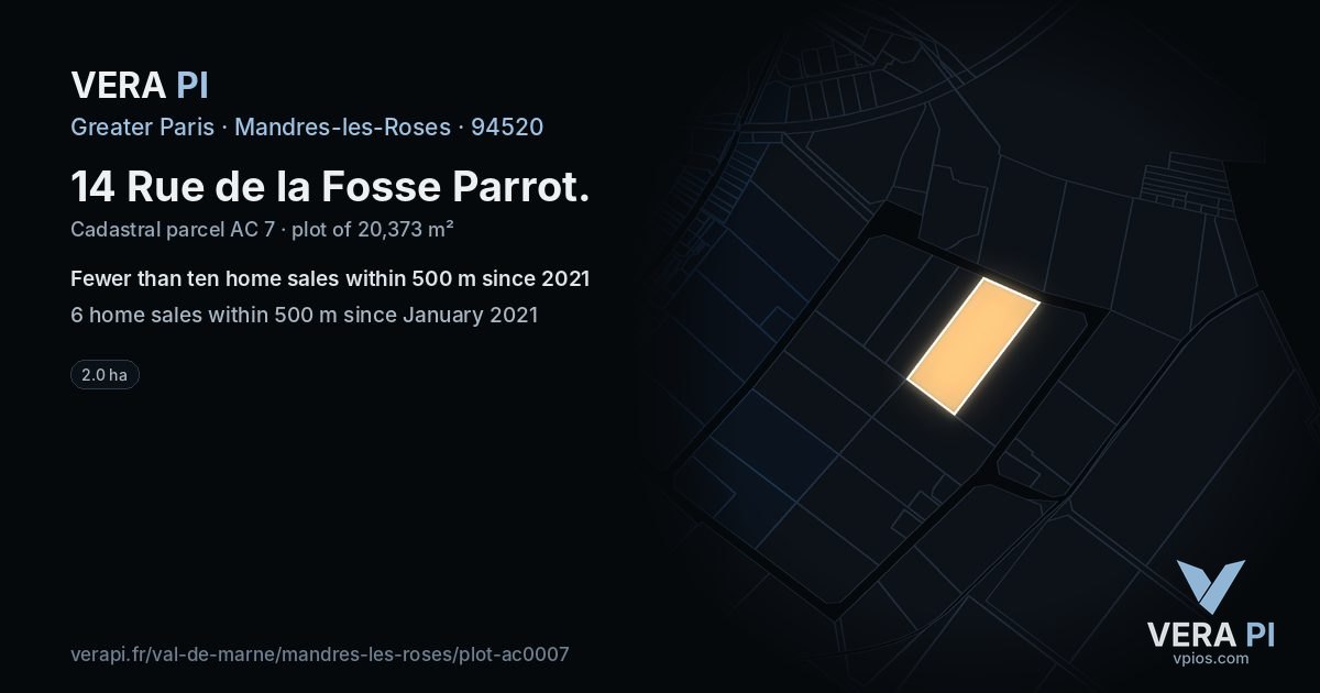 14 Rue de la Fosse Parrot, Mandres-les-Roses at night – the plot lit, the parcels around coloured by the prices near them