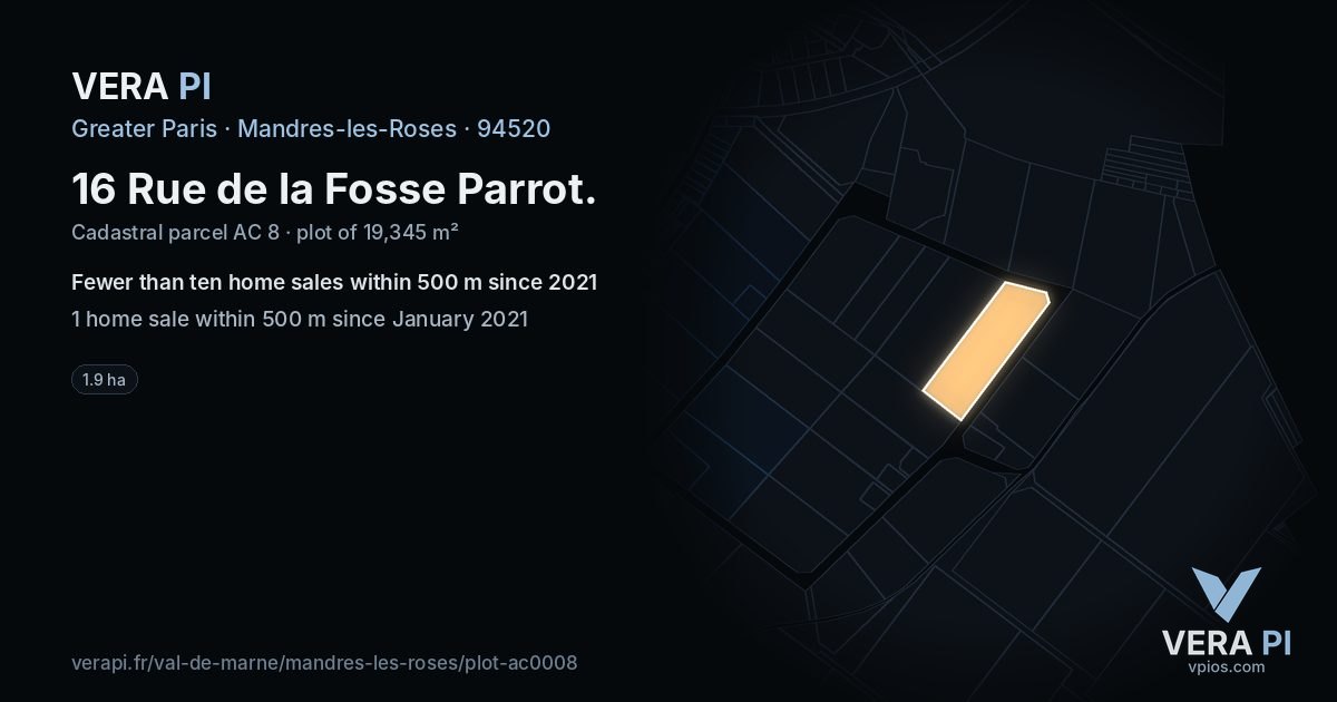 16 Rue de la Fosse Parrot, Mandres-les-Roses at night – the plot lit, the parcels around coloured by the prices near them