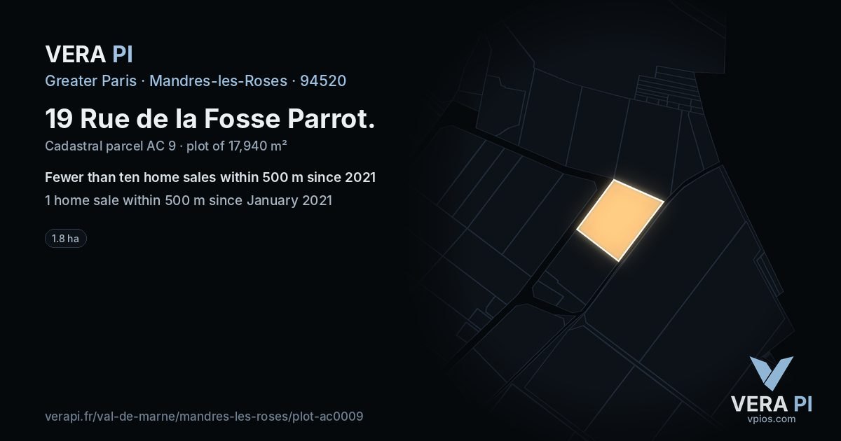 19 Rue de la Fosse Parrot, Mandres-les-Roses at night – the plot lit, the parcels around coloured by the prices near them